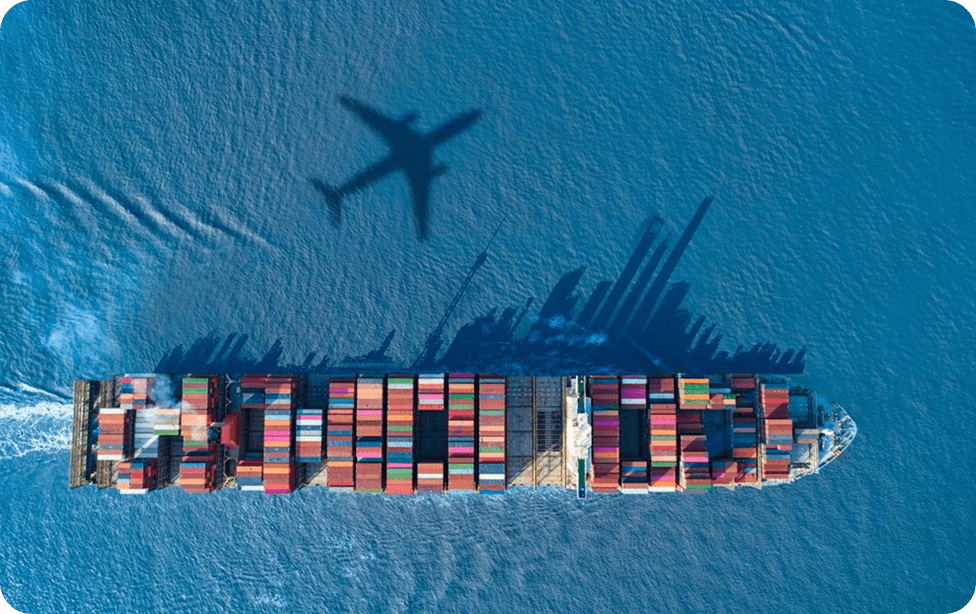 Aerial view of container ship in ocean