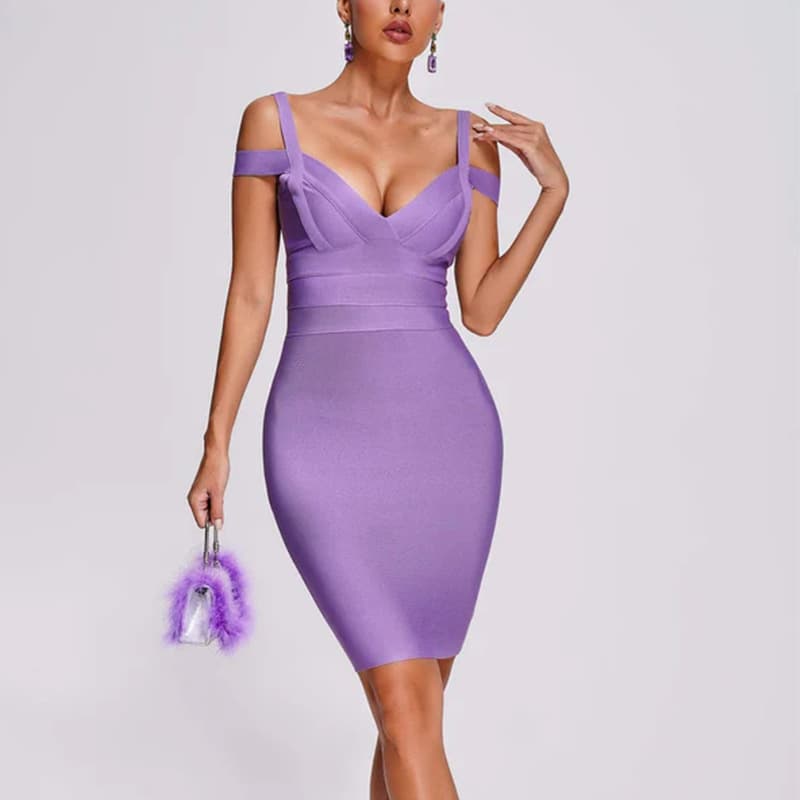 Purple bandage dress European and American sexy V-neck dress backless tight banquet evening dress hip skirt New