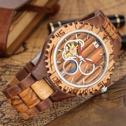 New Mechanical Watch, Automatic Mechanical Walnut Wood with Zebra Wood Inlay, Hollow Design with Sun, Moon, and Stars, Wooden Men's Watch thumbnail 3
