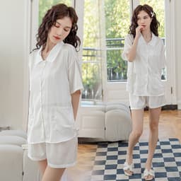 French Style Sexual Beautiful Ice-backed Soft Silk Pajamas Women's Spring and Summer Thin Short-sleeved Shorts Small Square Collar Home Clothes thumbnail 4