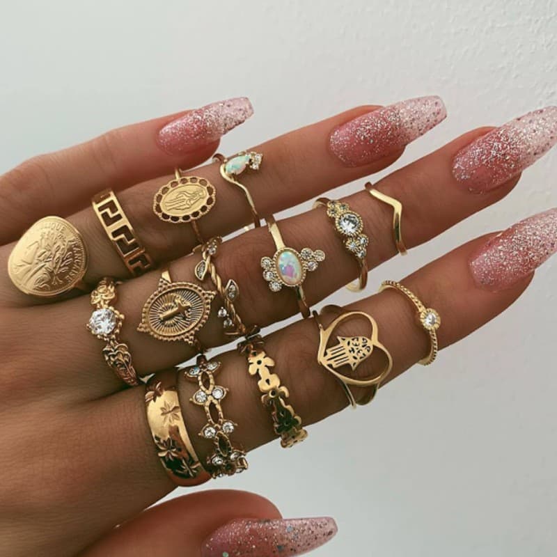 Qifu Retro Beauty Head Gold Coin Pattern Love Fatima Palm Ring 15 Piece Set Ring