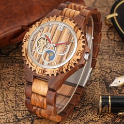 New Mechanical Watch, Automatic Mechanical Walnut Wood with Zebra Wood Inlay, Hollow Design with Sun, Moon, and Stars, Wooden Men's Watch thumbnail 2